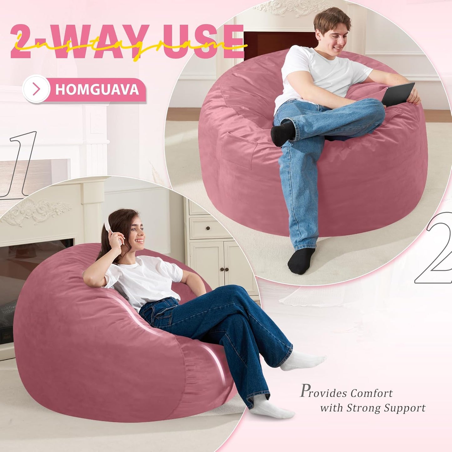 Homguava 3FT Bean Bag Chair: 3' Bean Bags with Memory Foam Filled, Large Beanbag Chairs Soft Sofa with Dutch Velet Cover-Dusty Pink