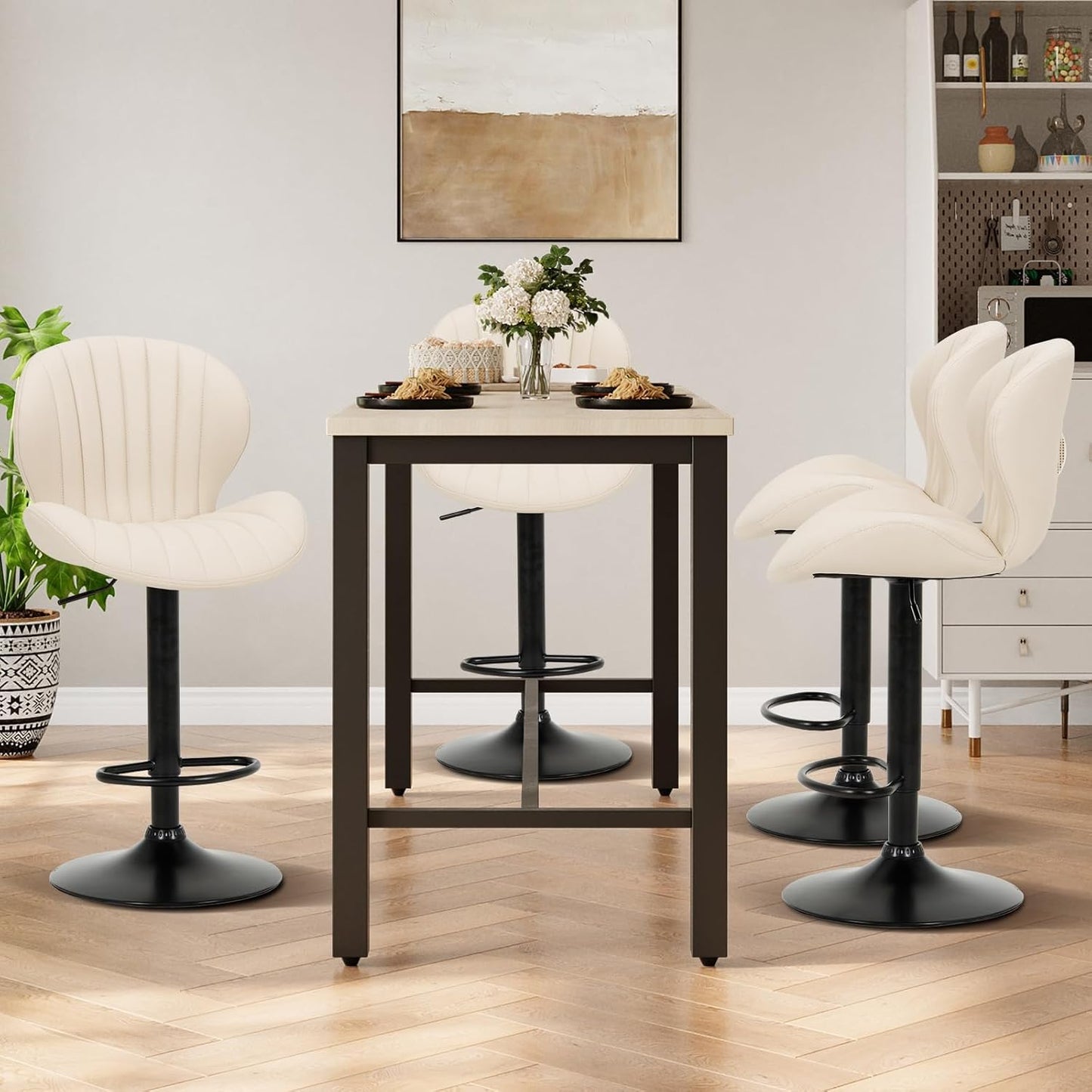 COLAMY Bar Stools Set of 6, Modern Swivel Bar Chairs, Adjustable Faux Leather Upholstered Barstools Counter Height with High Backrest for Bar, Kitchen Island, Dining Room, Beige
