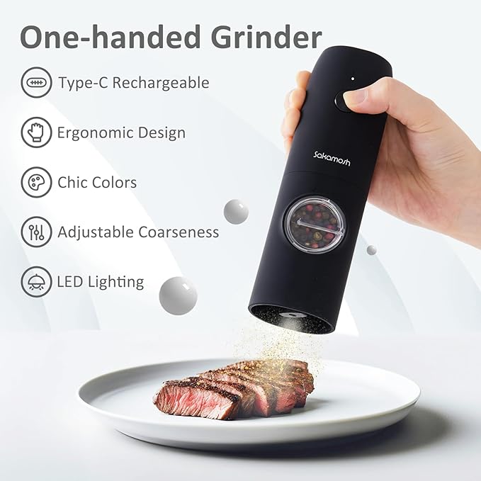 Electric Salt and Pepper Grinder Set, Rechargeable, 6 Adjustable Coarseness with LED Light, Electric Salt and Pepper Shakers Refillable(2 Packs, Black)