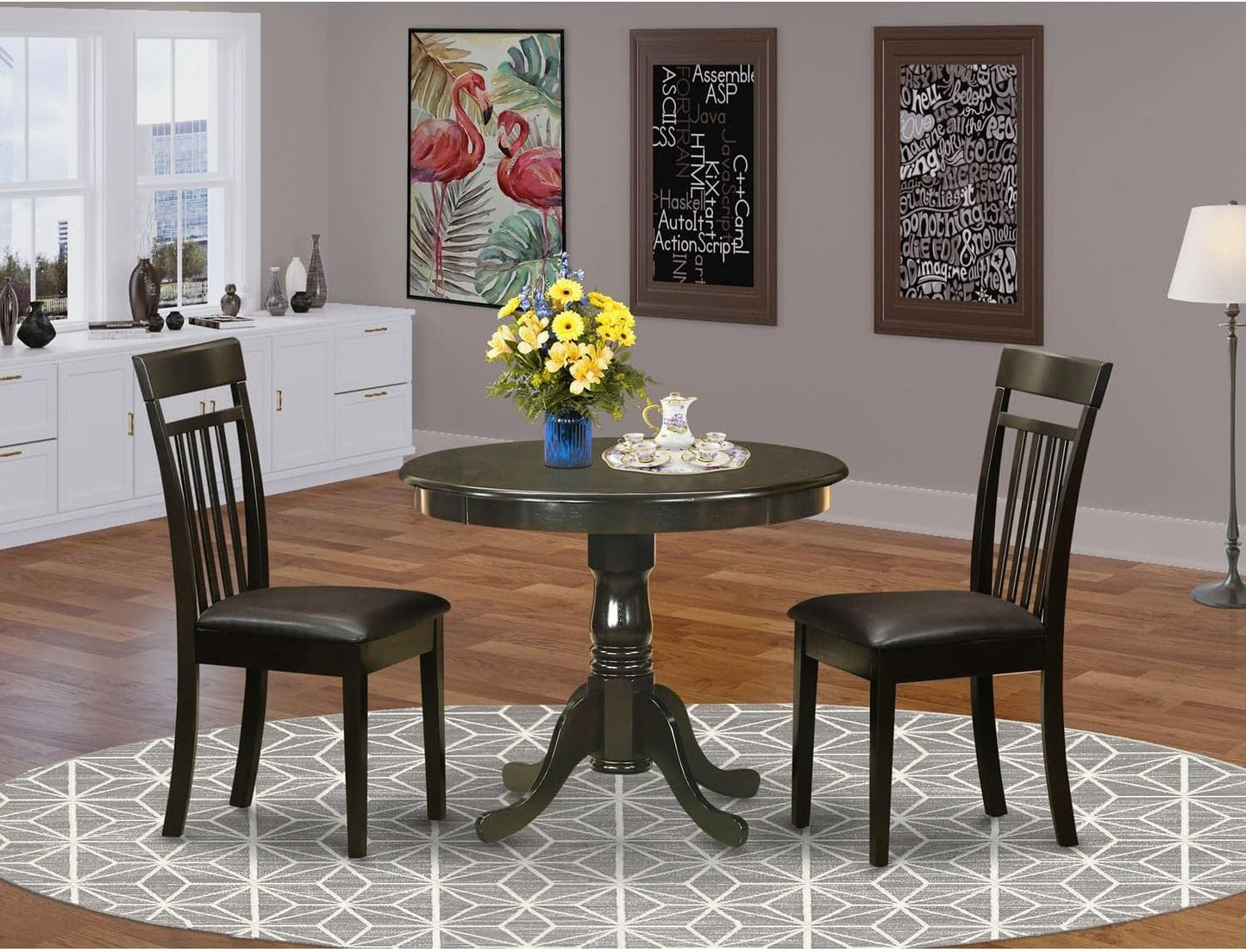 East West Furniture ANCA3-CAP-LC 3 Piece Dining Room Table Set Contains a Round Wooden Table with Pedestal and 2 Faux Leather Kitchen Dining Chairs, 36x36 Inch, Cappuccino