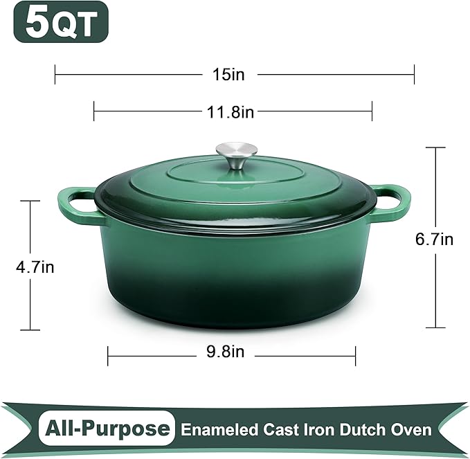 E-far 5QT Oval Dutch Oven Pot with Lid, Enameled Cast Iron Dutch Oven with Dual Handles, Heavy-Duty Cookware for Sourdough Bread Baking, Braising, Stews, Oven Safe & Easy Clean, Dark Green
