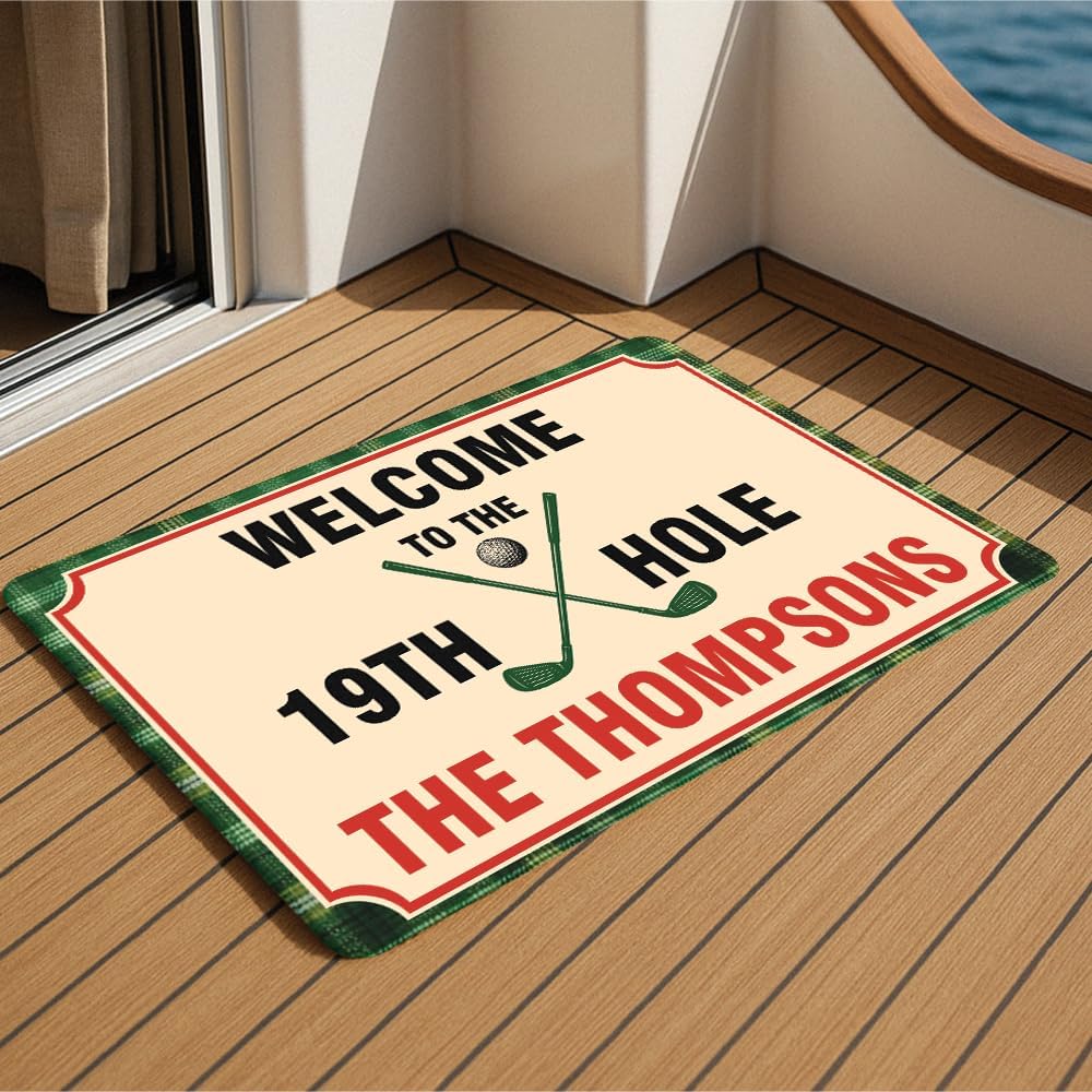 Welcome to The 19th Hole Personalized Golf Doormat – Custom Family Name Mat with Golf Clubs & Green Turf Design – Funny Non Slip Outdoor Entry Rug for Porch, Man Cave, or Home Bar Décor