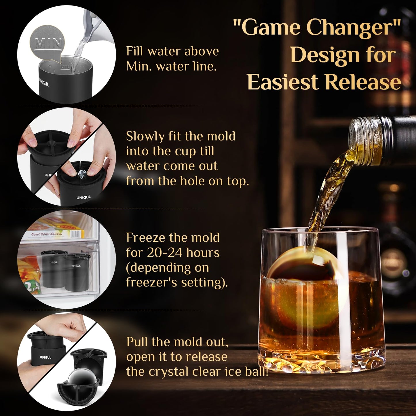 Clear Ice Cube Maker, 2.5" Stainless Steel Crystal Clear Ice Ball Maker, Non-BPA Premium Silicone Ice Cube Molds for Whiskey & Cocktails, Easy-Release Sphere Ice Maker, Bourbon Gifts for Men (1 PACK)