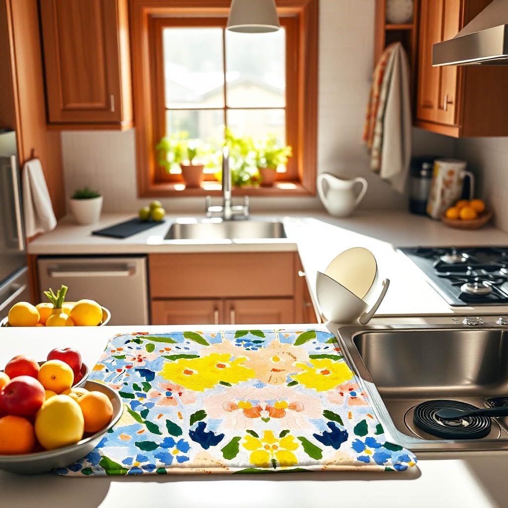 Flower Drying Mat 16" X 18" Yellow flower Kitchen Counter Stone Large Dish Drying Mats For Kitchen Counter Blue Floral Drying Mats For Home Counter Drying Mats For Dishes Table Mat Drying Kitchen Mat