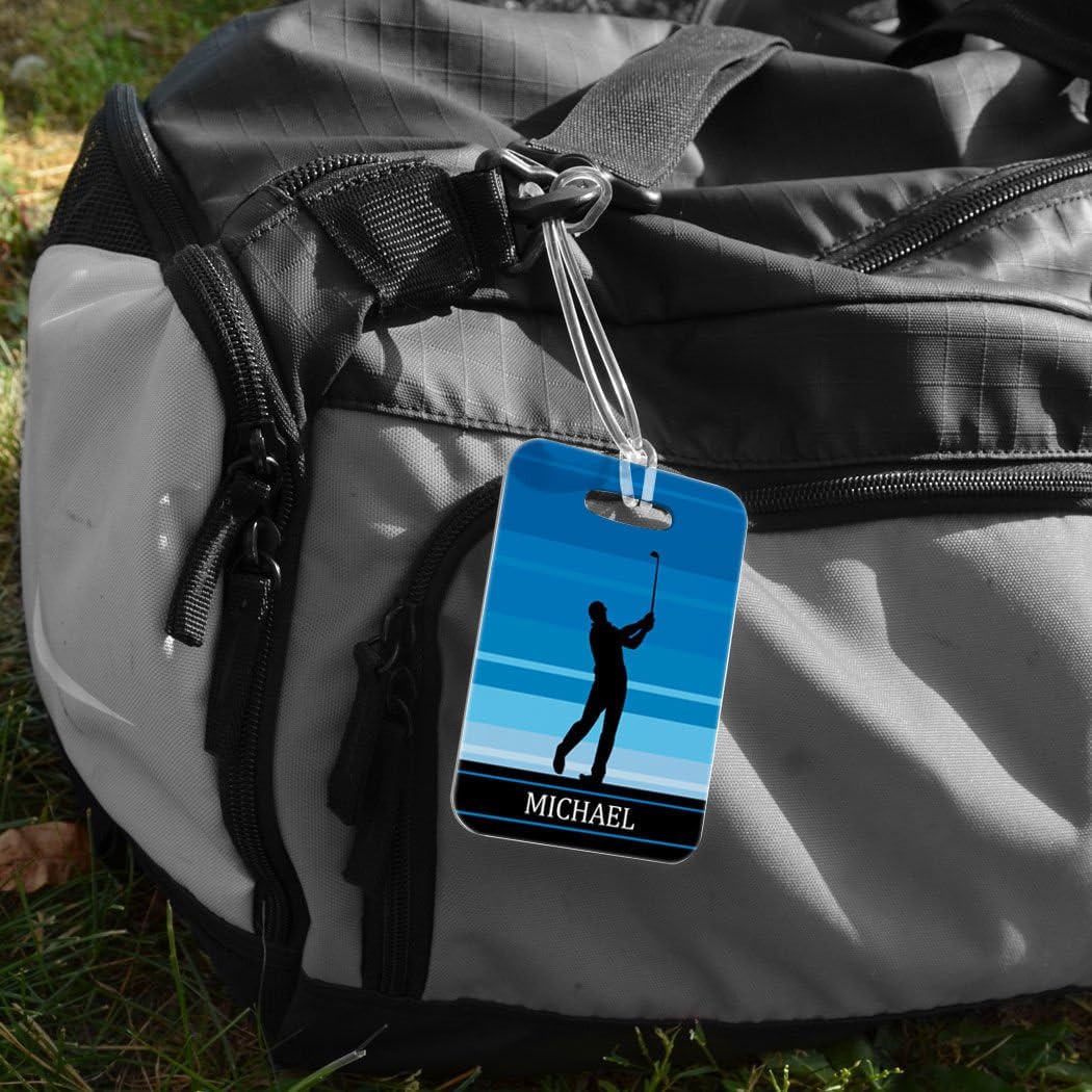 ChalkTalkSPORTS Golf Luggage & Bag Tag | Personalized Male Golfer | Standard Lines on Back | Medium | Blue