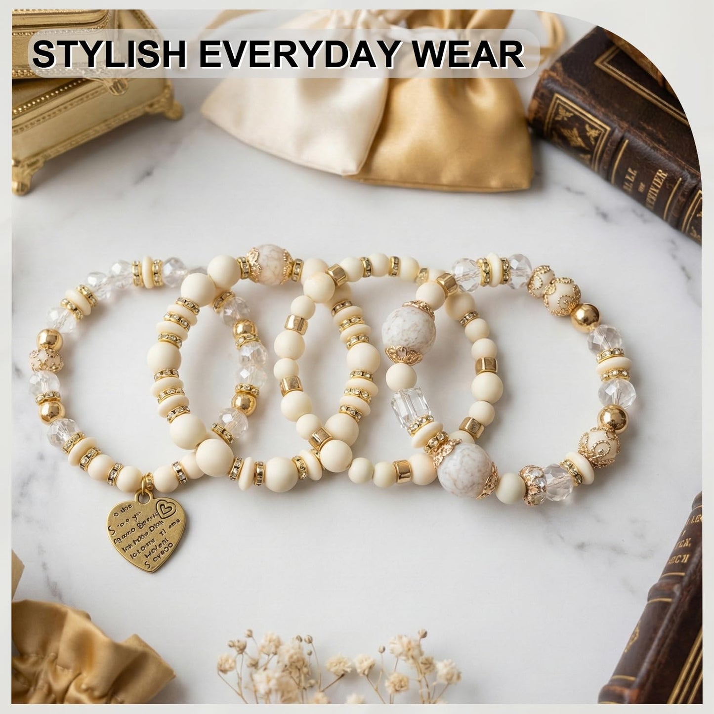 Ysenchan Bohemian Bracelet Set for Women, 4 Pcs Beaded Stackable Bracelets with Heart Charm, Stretch Bracelets, Boho Jewelry Gift – [White]