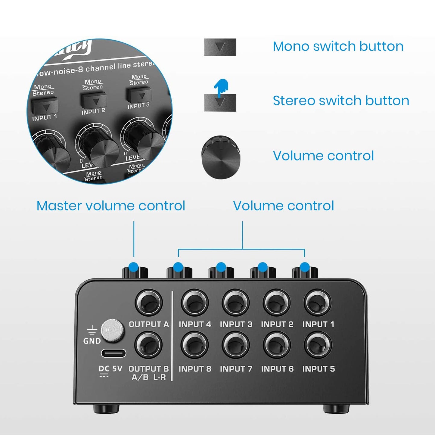Moukey Audio Mixer, Dc 5V, 8 Stereo Ultra, Low Noise 8 Channel Line Mixer For Sub-Mixing, For Small Clubs Or Bars, As Guitars, B