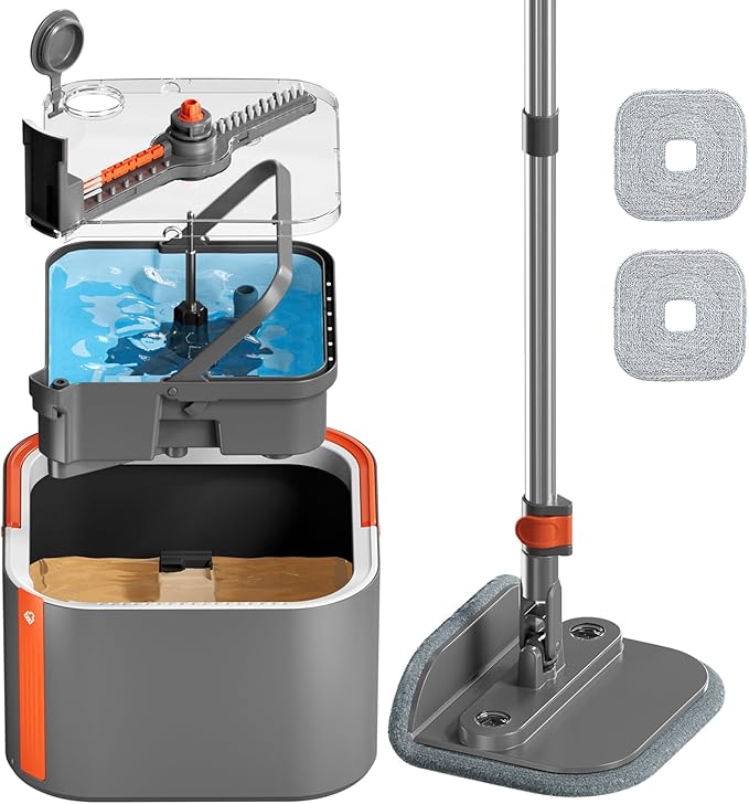 Upgraded Self-Standing Spin Mop and Bucket System, Detachable Inner Mop Bucket Separates Dirty Water & 90° Foldable Head, Triple-Scrub System, 0.9Gal Dual Drainage, for Hardwood Floors (Gray 2 Pads)