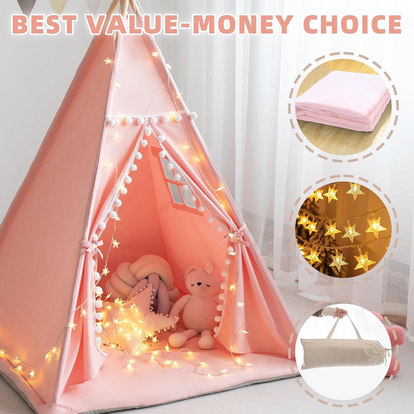 Teepee Tent for Kids with Mat, Star Lights, Carry Case, Cotton Canvas Playhouse, Foldable Tents, Portable Children Play Tent Indoor Outdoor (Pink)