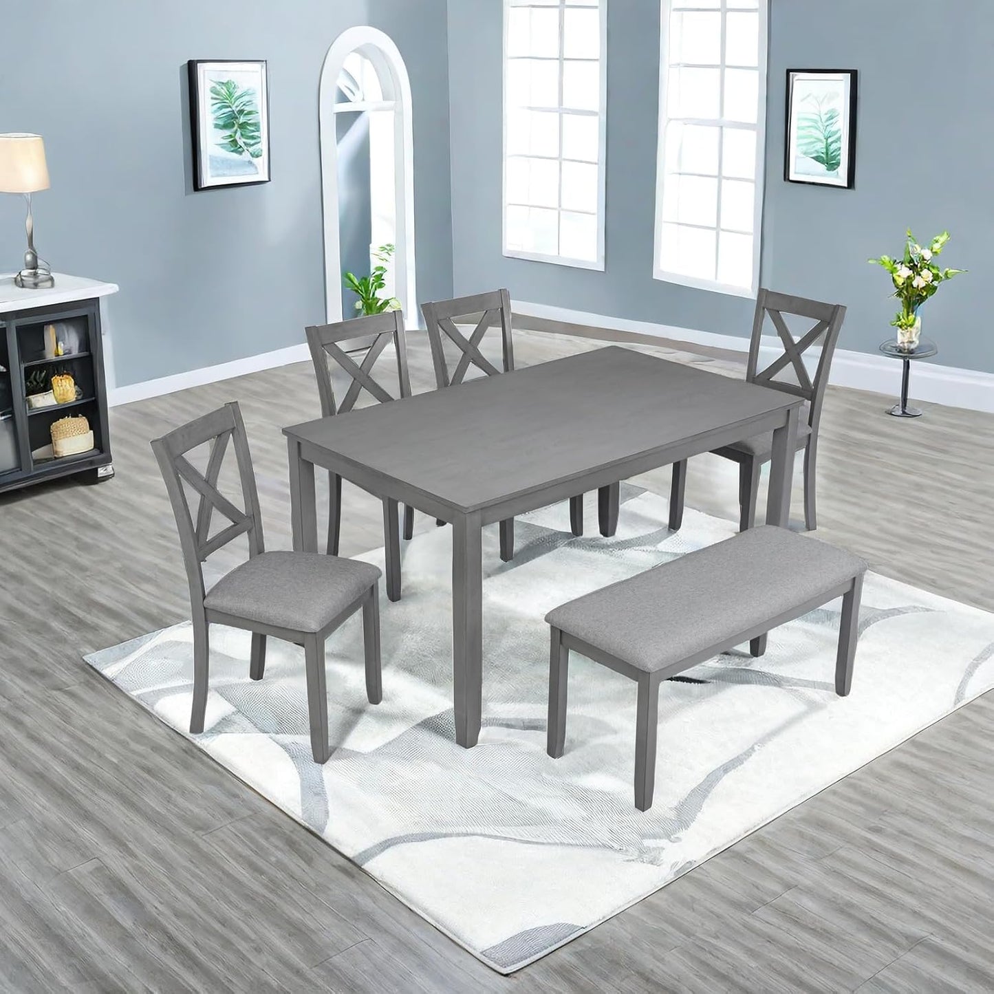 Dining Table Set, 6-Piece Kitchen Table & Chair Set with Rectangular Dining Table, 4 Upholstered X-Shaped Backrest Chairs and a Bench, Wooden Dining Table Set for 6 People, Gray