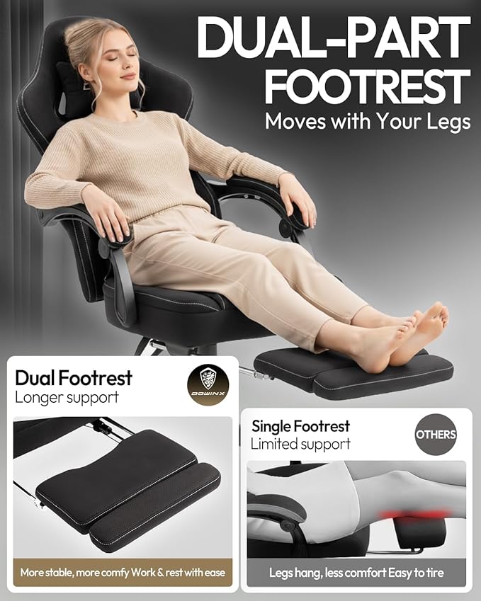 Dowinx Gaming Chair with Footrest, Breathable Fabric Gamer Chair with Gel Pad and Storage Bag, Ergonomic Office Chair with Lumbar Support for Home Task, Black