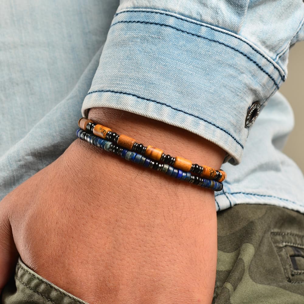 Casvia Mens Beaded Bracelet, Picture Stone, Hematite & Black Agate, Adjustable Stainless Steel Chain, Handmade Chakra Jewelry Gift for Dad Husband Boyfriend