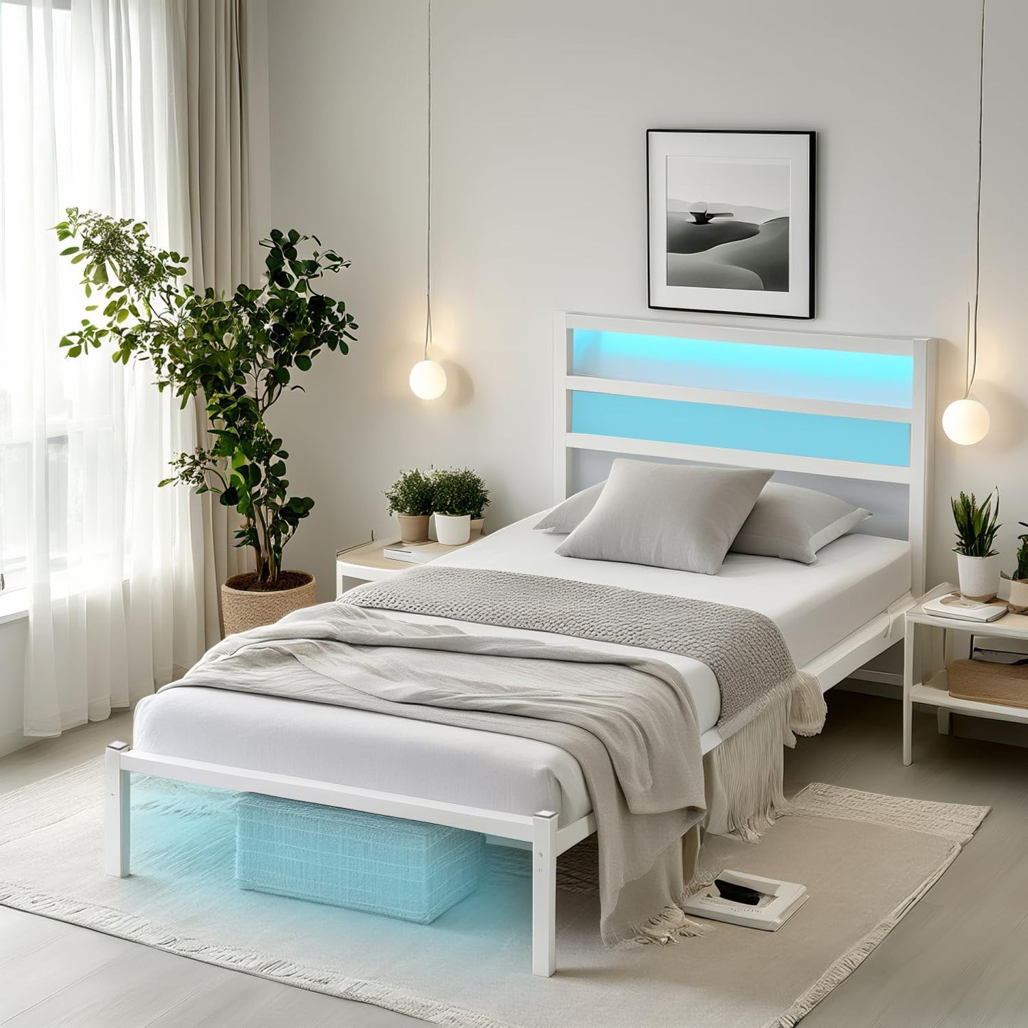 Twin Bed Frame with Headboard,Heavy Duty Steel Slats Support-LED Bed Frame with USB Charging Station,Mattress Foundation-Under Bed Storage,No Box Spring Needed,Noise Free,White