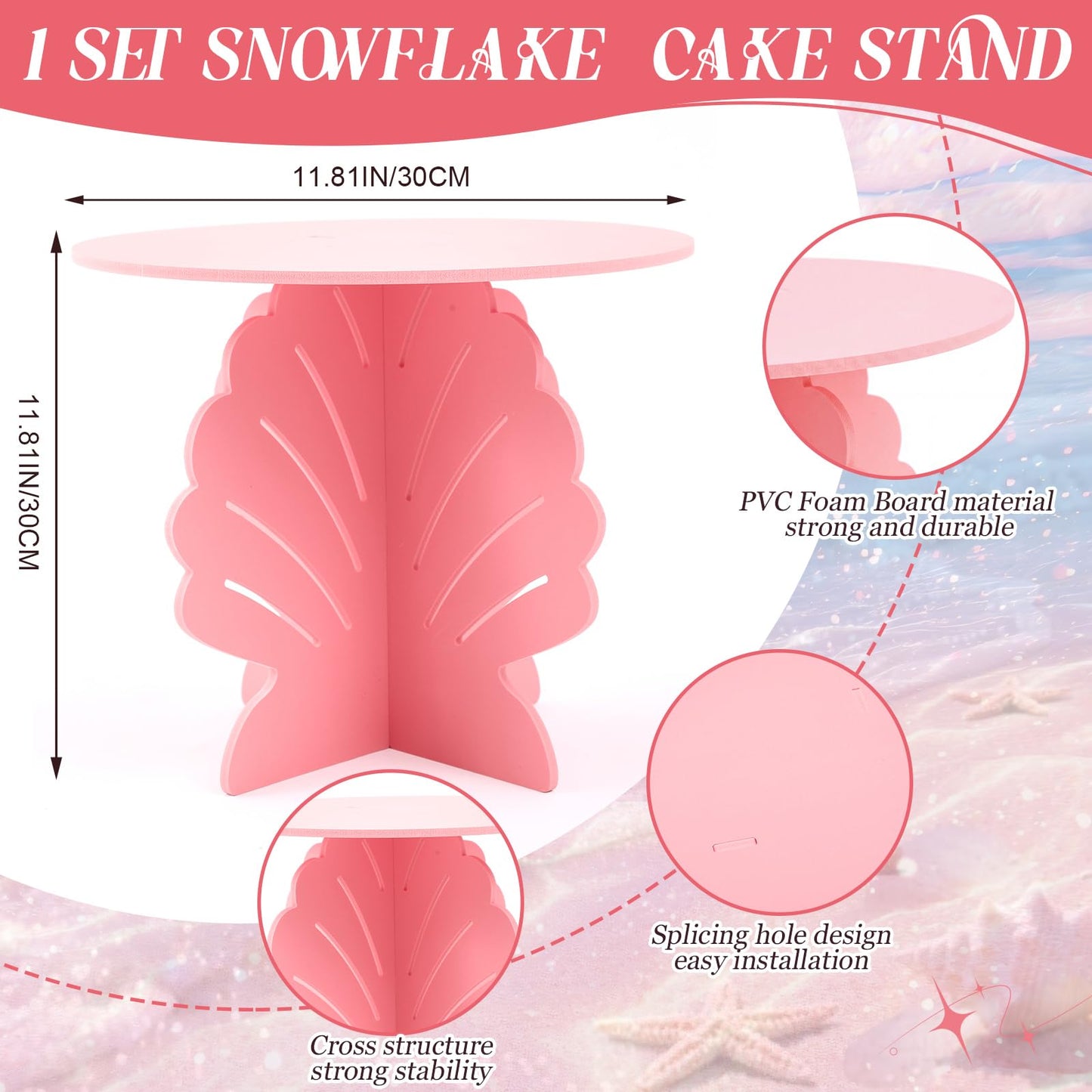 Lallisa 12" Shell Shaped Cake Stand Pink 3D Ocean-themed Party Decorations with Scalloped Base PVC Dessert Holder Centerpieces for Wedding, Birthday, Baby Shower & Tea Party Ocean-themed Supplies
