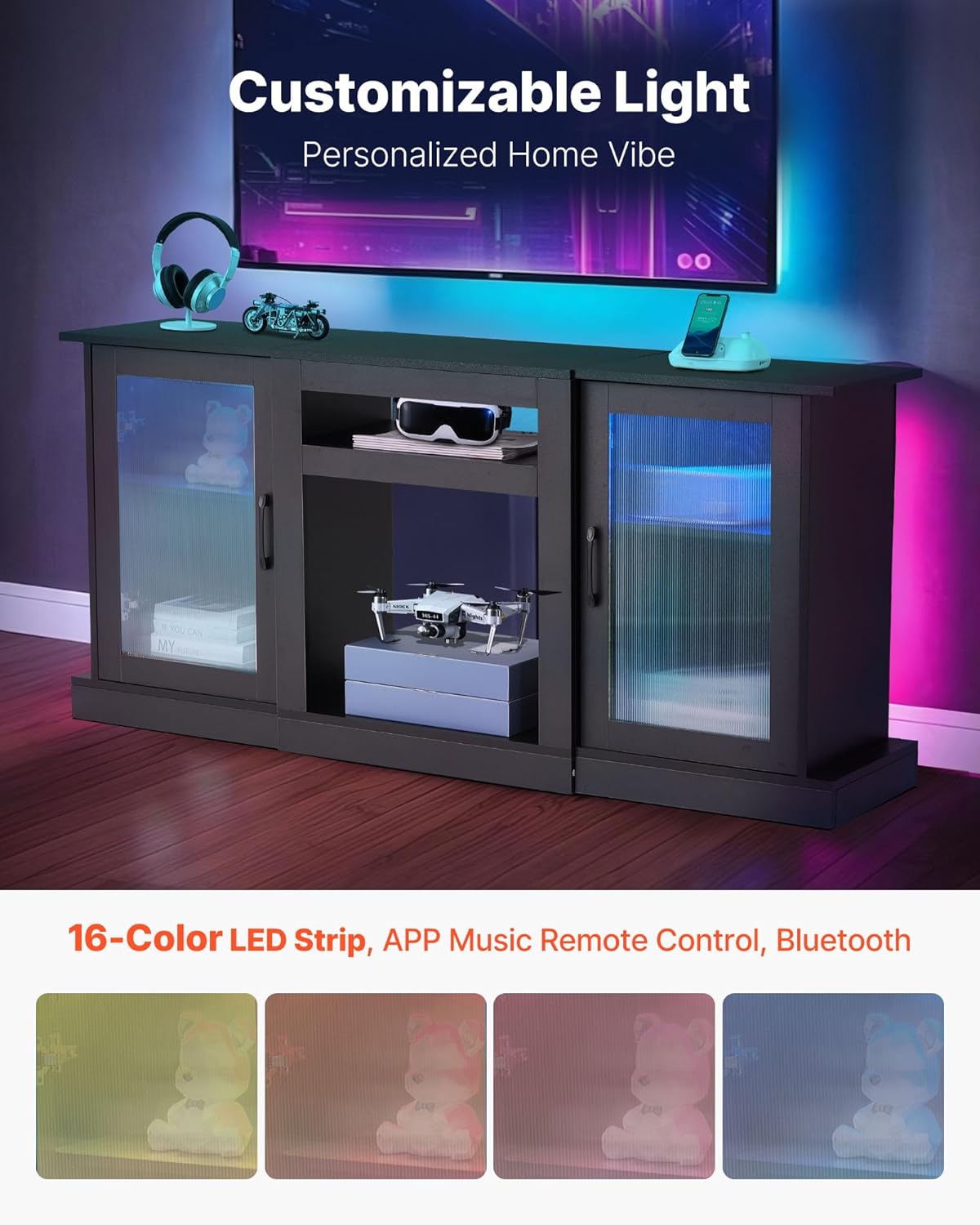 VEVOR TV Stand for TVs up to 65 inch, Modern Entertainment Center with Light Strip, Wooden TV Cabinet Storage with Glass Doors and Adjustable Shelves, Console Table for Living Room and Bedroom, Black