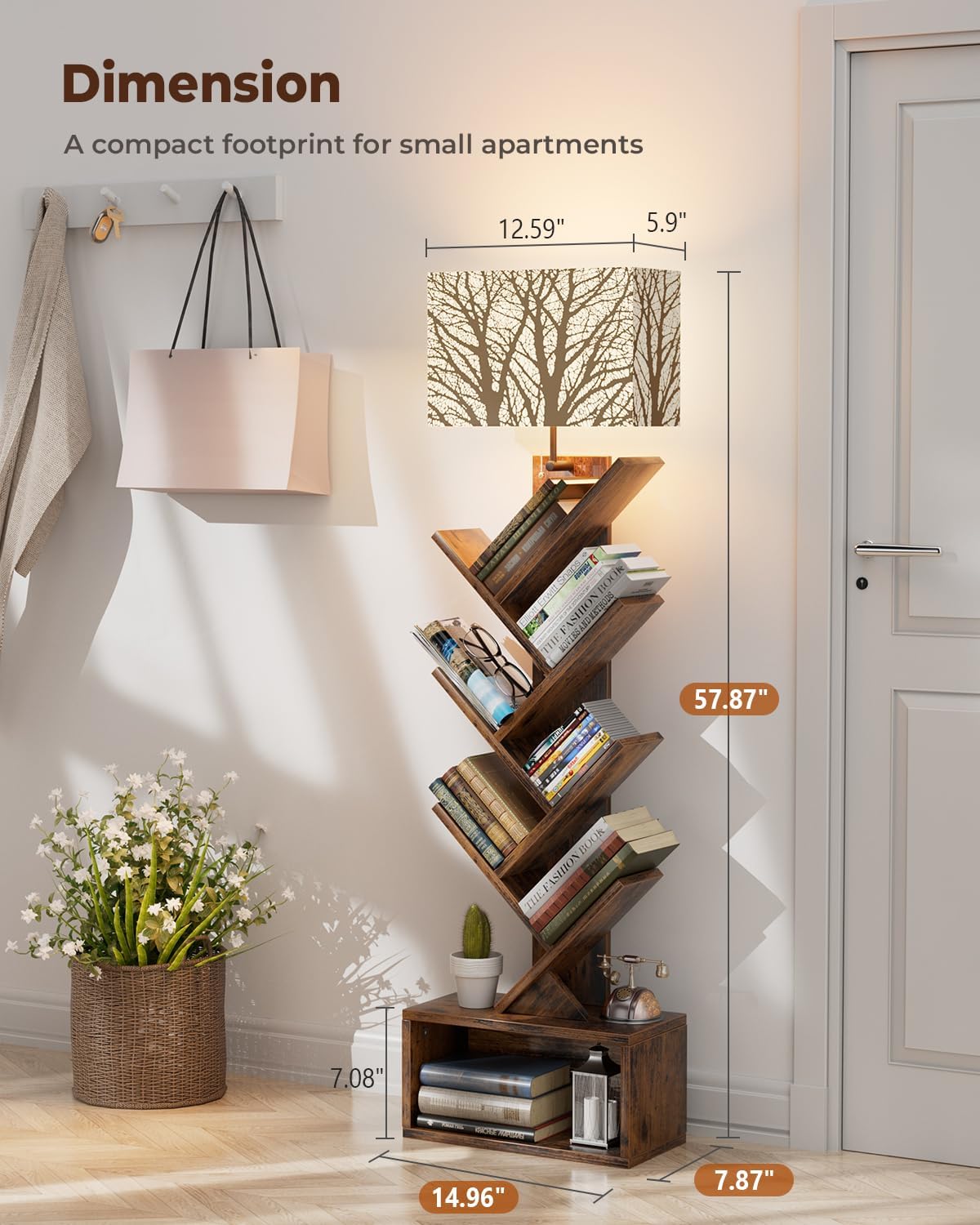 Tree Bookshelf with Light, 6 Tier Small Bookcase, Narrow Floor Standing Book Tower Organizer with Storage Cabinet for Living Room, Bedroom and Home Office, Rustic Brown