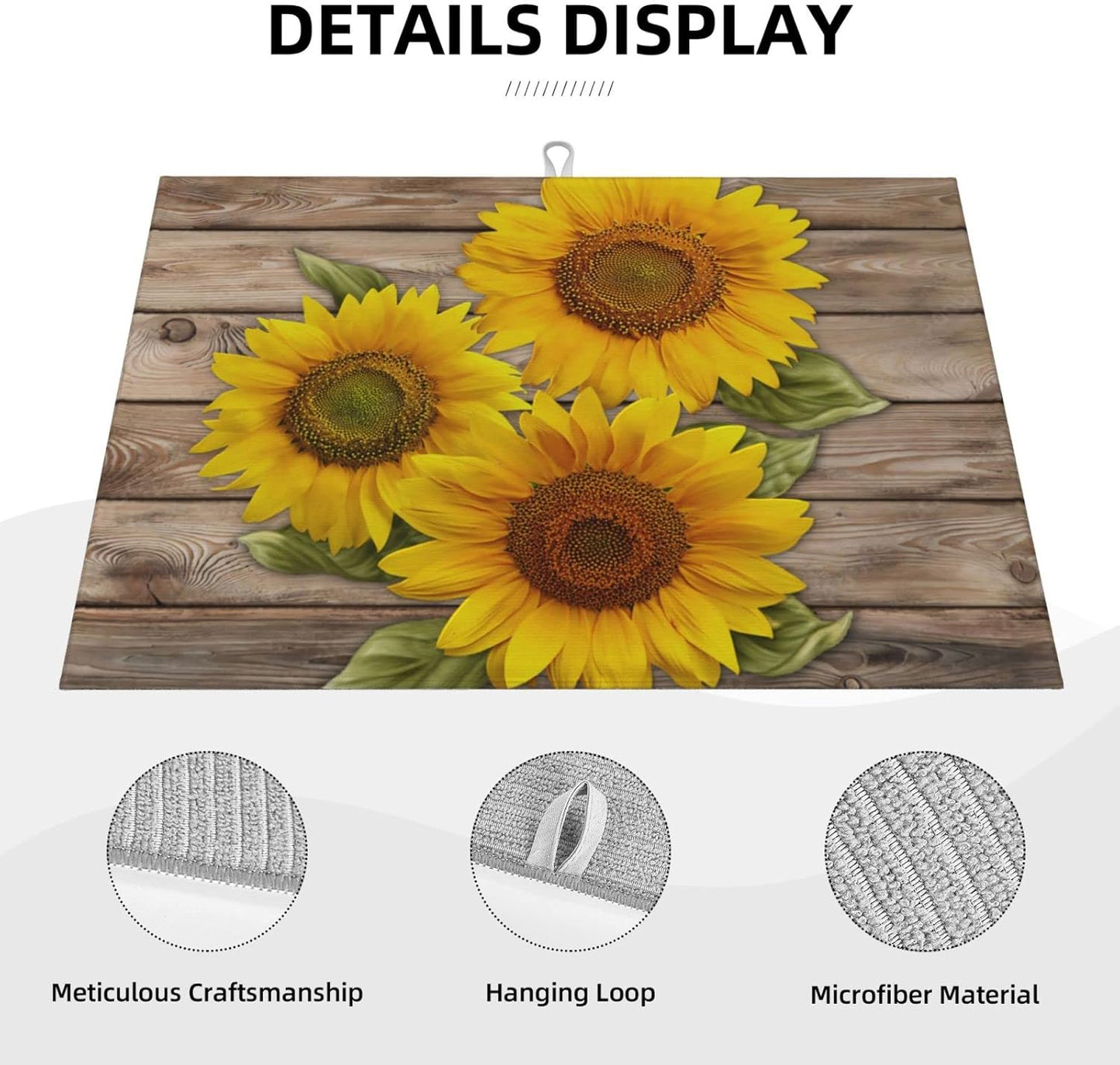 Vintage Yellow Sunflower Wooden Microfiber Dish Drying Mat For Kitchen Countertop Xl Absorbent Reversible Drainer Rack Pad Extra Large 18 X 24 Inch