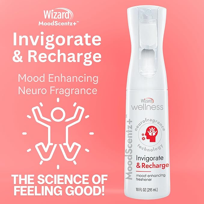 Wizard MoodScentz™ (Invigorate & Recharge) Patented Science-Backed Mood-Enhancing Room Mist, Non-Aerosol Continuous Fine-Mist Spray with Neuro-Fragrance Technology – 10 Fl Oz