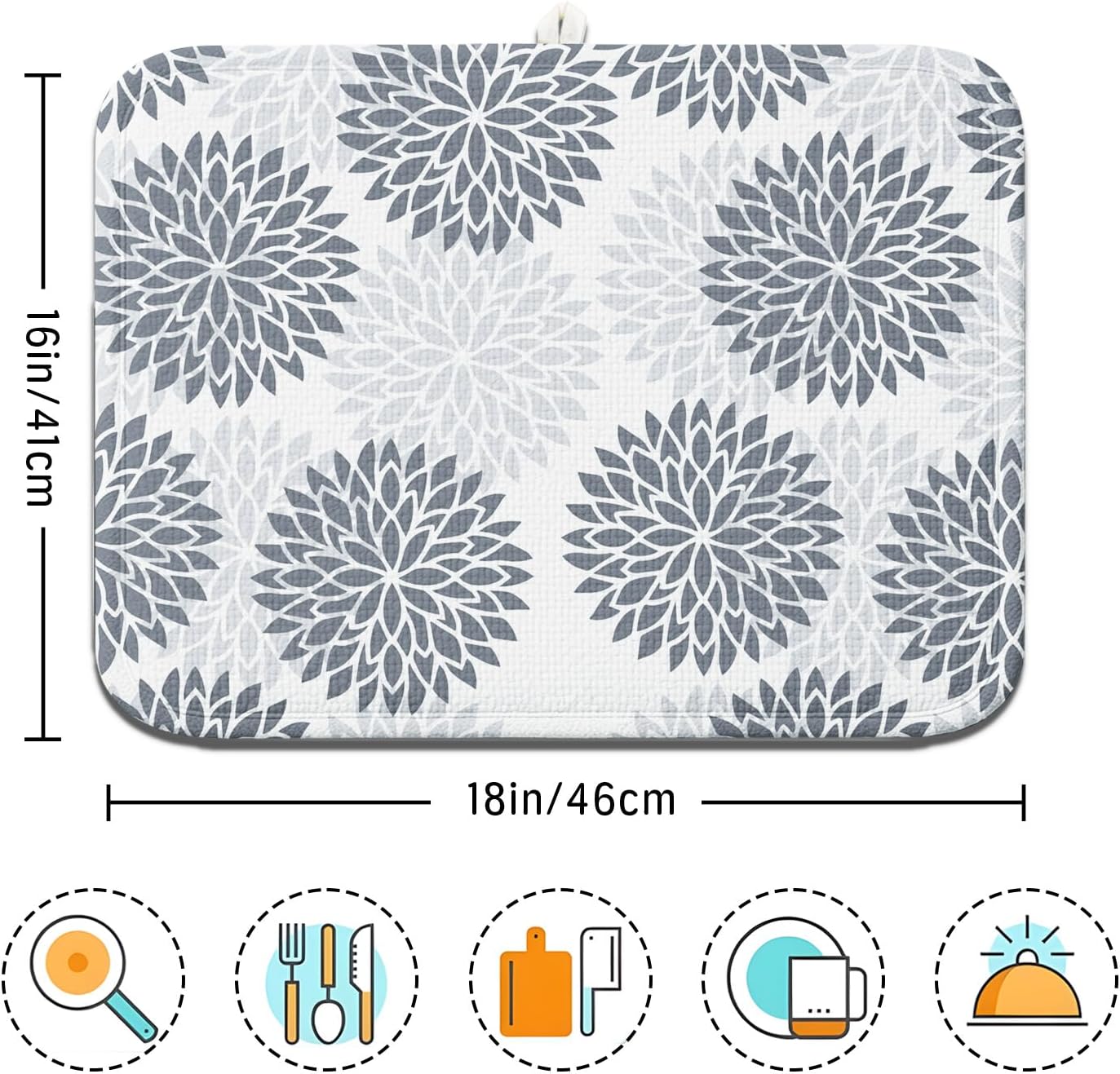Boho Floral Spring Small Dish Drying Mat for Kitchen Counter 16''x18''Microfiber Absorbent - Foldable, Quick-Dry, Non-Slip, Compact Kitchen Drying Pad for Dishes, Countertops, and Cookware