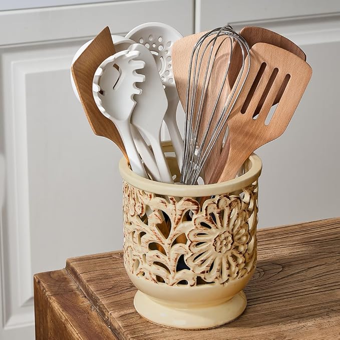 Farmhouse Kitchen Utensil Holder for Countertop, Ceramic Large Cooking Utensil Crock with Cork Mat, Decorative Rustic Utensil Holder for Kitchen Counter, Hollow Carving Flower, Beige