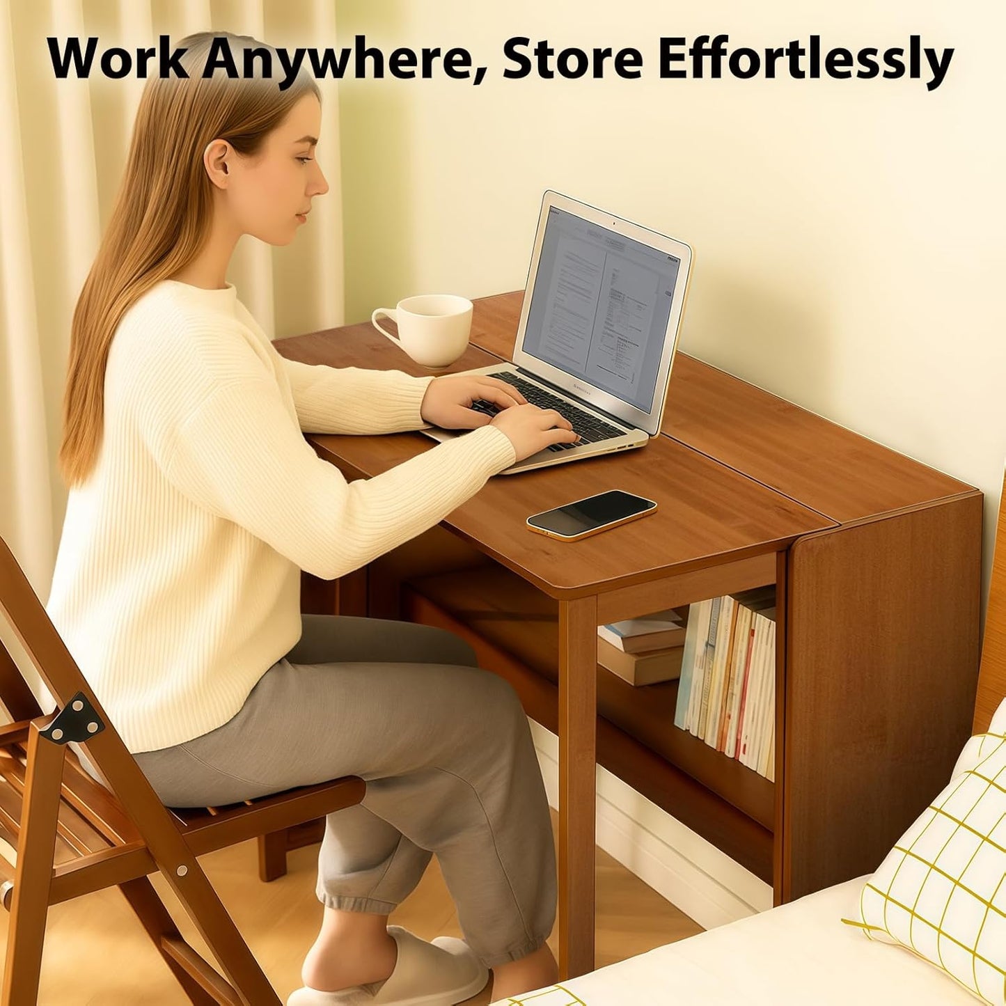 39.37" Bamboo Folding Desk,Space-Saving Computer Desk for Small Spaces, Foldable Study Table for Bedroom, Home Office, Dorm, Apartment (Brown)