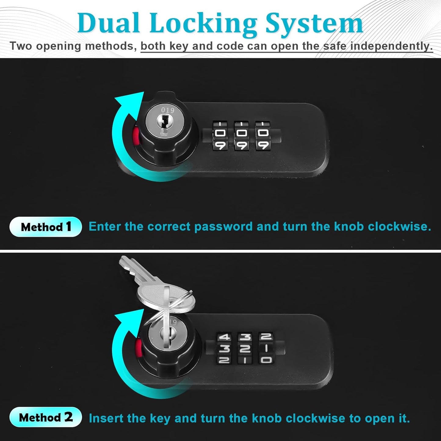 Dalmbox Portable Metal Safe Box with Dual Combination and Key Lock - Fire Resistant Storage for Documents, Car, Home and Outside - X Large 13.2"x 11"x 5.1" Black Box