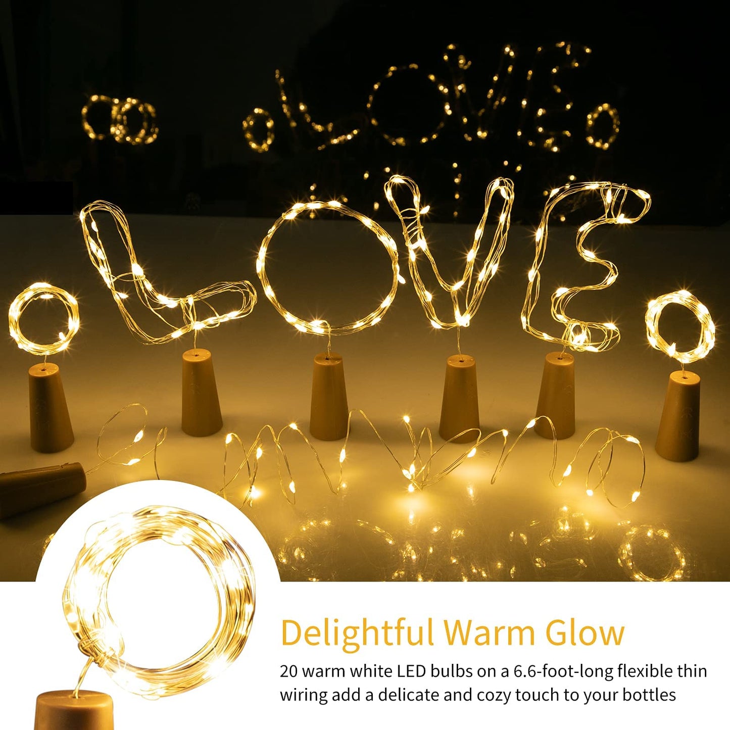 Brightown Wine Bottle Lights with Cork, 20 Pack 20 LED Waterproof Battery Operated Cork Lights, Silver Wire Mini Fairy Lights for Liquor Bottles DIY Party Bar Christmas Holiday Wedding Décor