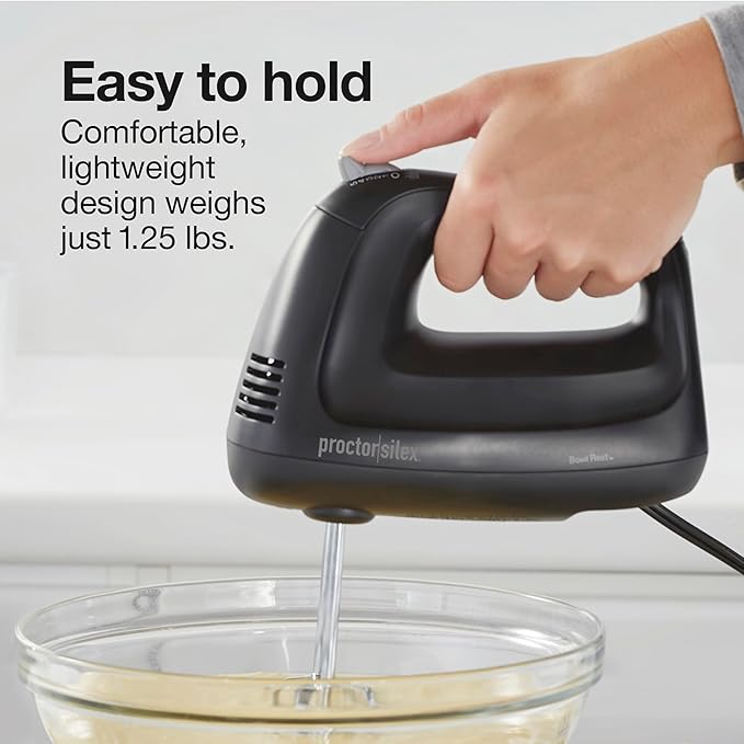 Proctor Silex Easy Mix 5-Speed Electric Hand Mixer with Bowl Rest, Compact and Lightweight, 215 Watts of Peak Power, Storage Case, Black (62512)