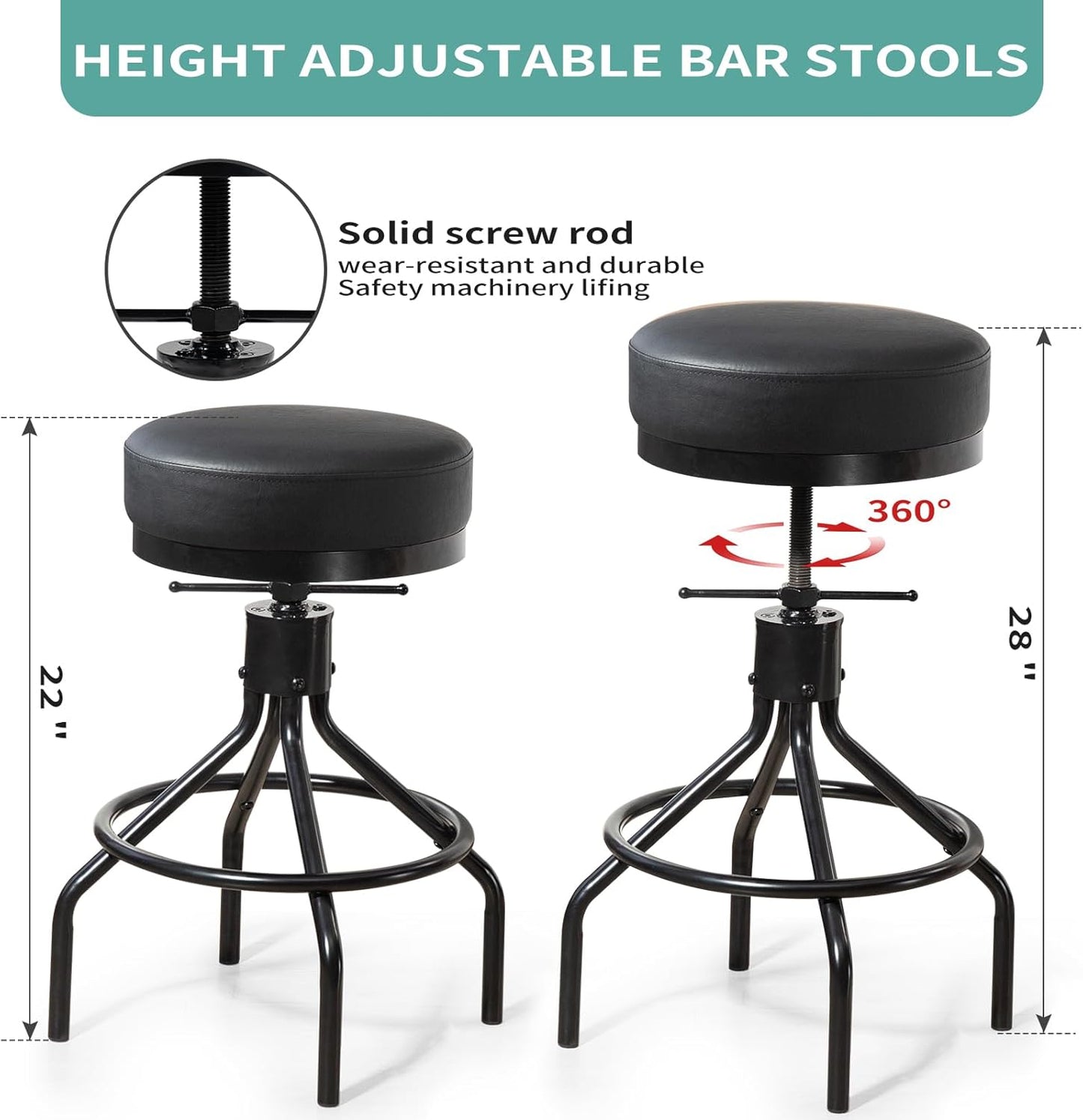 Industrial Bar Stools Set of 3 Adjustable Barstools Swivel Modern PU Leather 28inch Round Backless Kitchen Counter Height Metal Stool Bar Chair for Kitchen Island (3, Black)