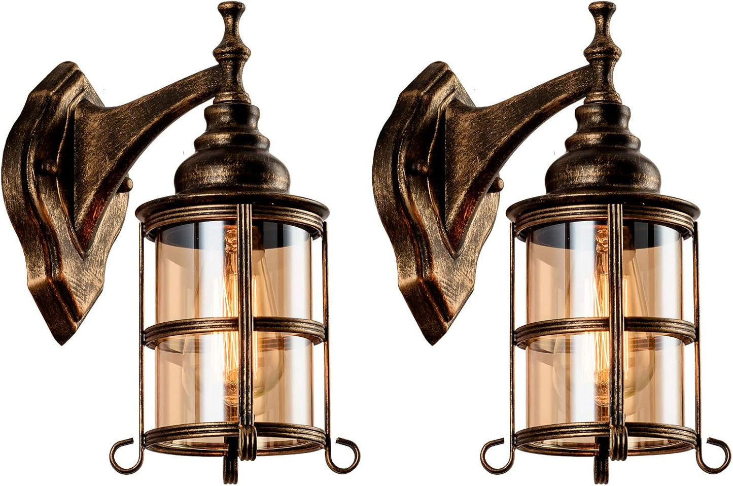 Rustic Amber Glass Wall Sconce 2-Pack, Bronze Brushed, Industrial Farmhouse Lamp Porch Lighting Waterproof Retro Lamp for Indoor Bedroom Living Room Outdoor（NO Bulb）