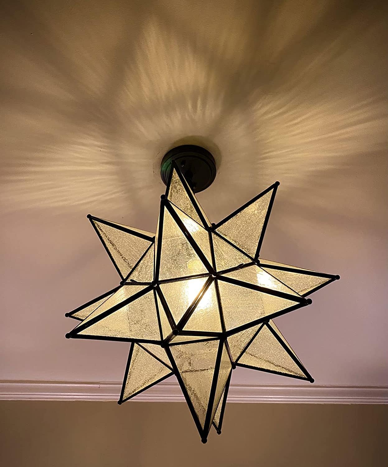 DIRYZON EUL 13 Inch Industrial Moravian Star Pendant Light with Seeded Glass Shade Hanging Chain