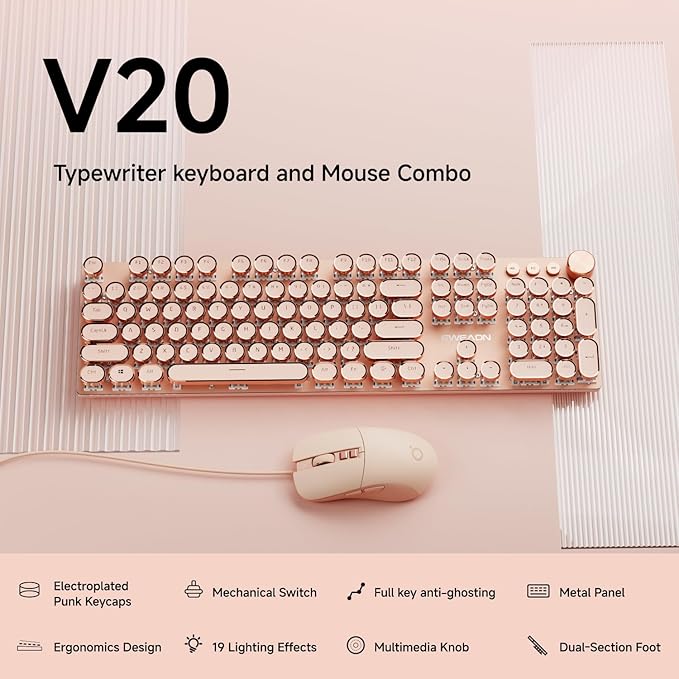 EWEADN Wired Typewriter keyboard and Mouse Combo, Typewriter Style Mechanical Gaming Keyboard,104 Keys Backlit LED Keyboards, Media Control Knob, Wired Keyboard Pink Switch for Windows/Mac/PC-Pink