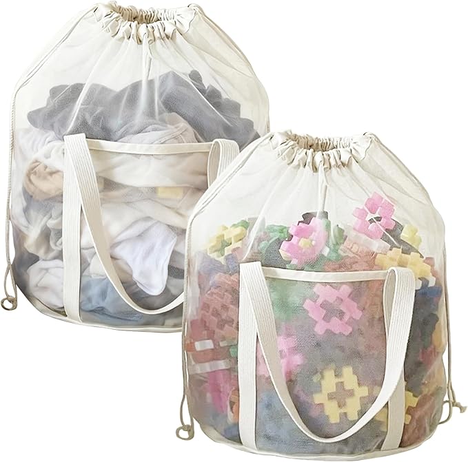 2 Pack Large Mesh Toy Storage Bags,Heavy Duty Mesh Bag with Drawstring, Durable & Breathable for Toys, Laundry, Pool & Beach Accessories, Home & Travel Organization
