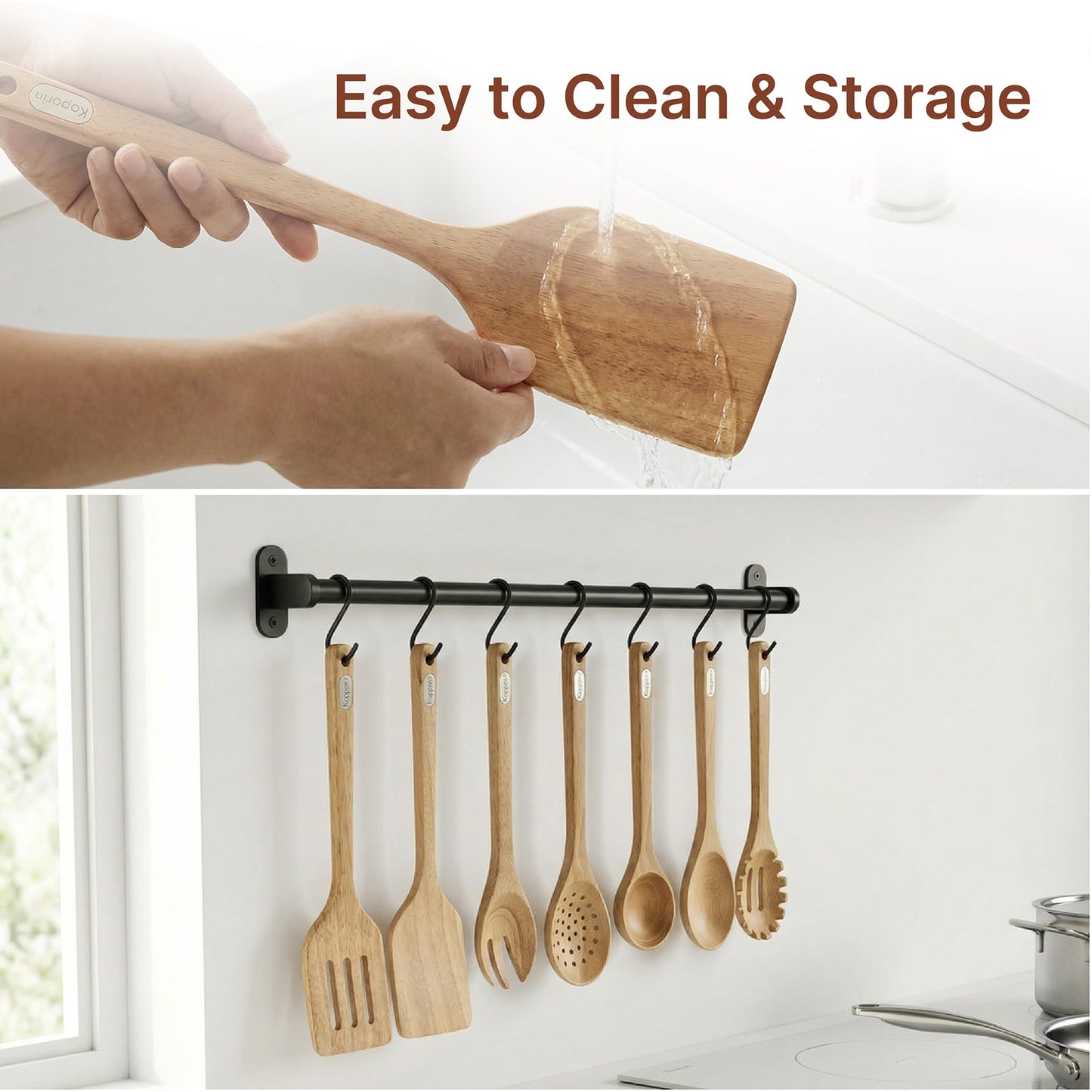 Koppen Rubber Wood Kitchen Utensils Set, Durable Wooden Cooking Spoon and Spatula Ladle for Nonstick Cookware, Non Toxic, Heat Resistant, Smooth Grip, Modern Elegant Design for Everyday (7 Piece Set)