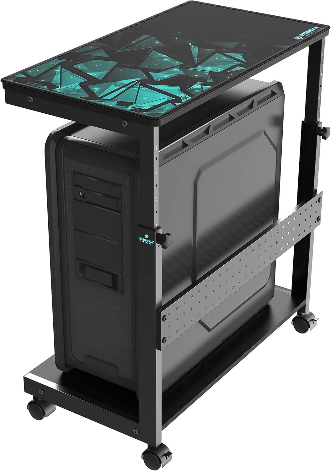 EUREKA ERGONOMIC PC Stand Computer Cart, Height Adjustable Tower Stand 2-Tier Suit for ATX Case Printer, Metal Rolling Cart on Wheels for Gaming Home Office, Black