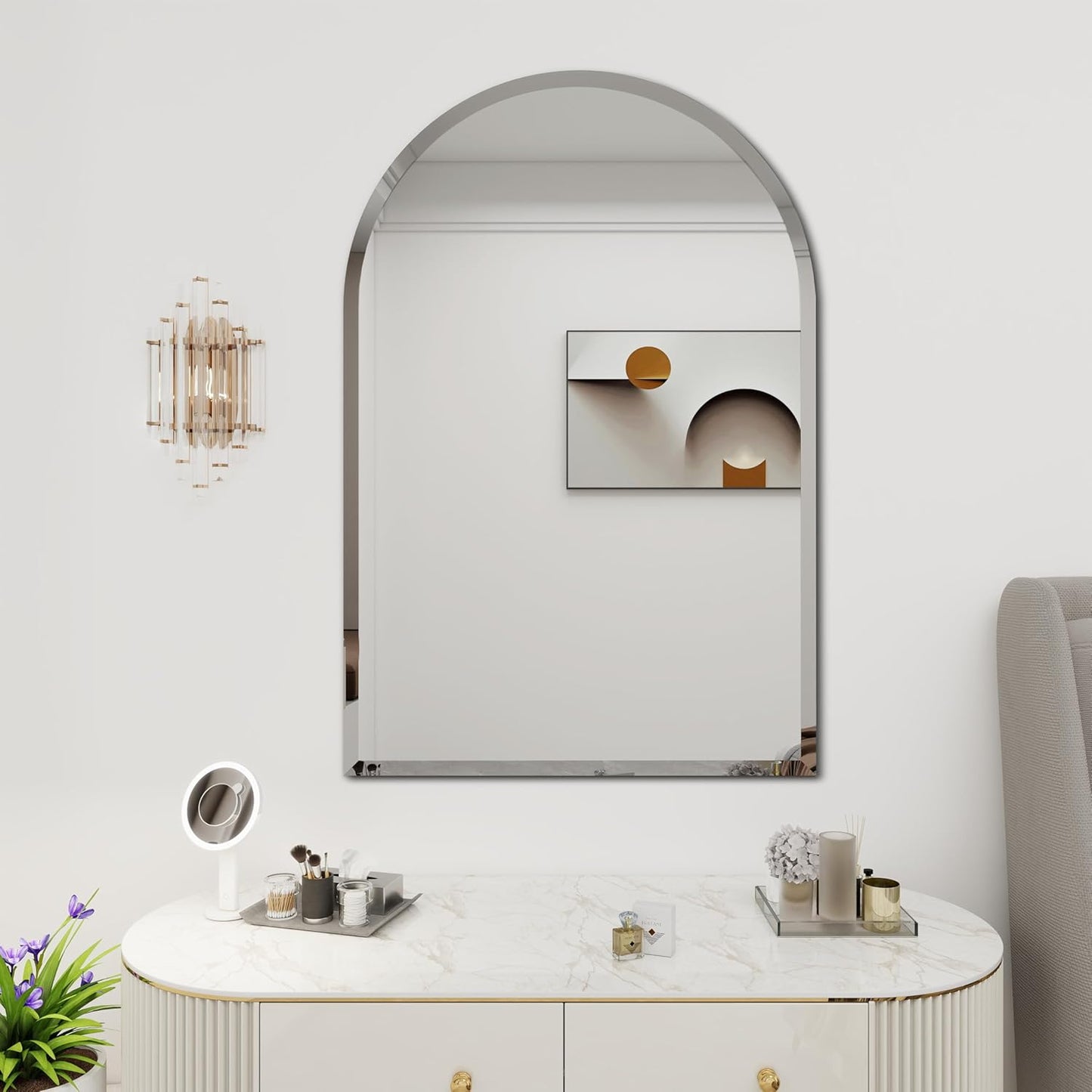 Arched Bathroom Mirror, 24X36 inch Arched Frameless Mirror, Arch Wall Mirror，Frameless Mirrors for Bathroom,Beveled Bathroom Mirror.