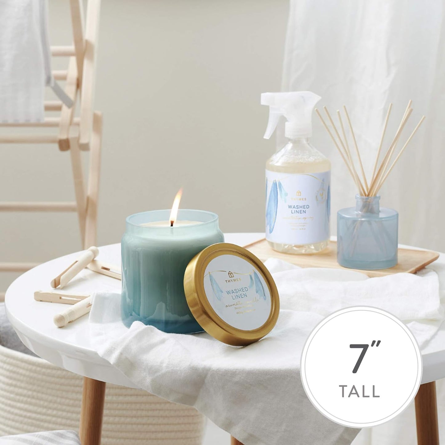 Thymes Petite Reed Diffuser Set – Includes Rattan Wood Sticks, Fragrance Oil, & Glass Bottle – Home Fragrance Oil Diffuser – Luxury Home Decor – Guest Bathroom Essentials (Washed Linen, 4 fl oz)