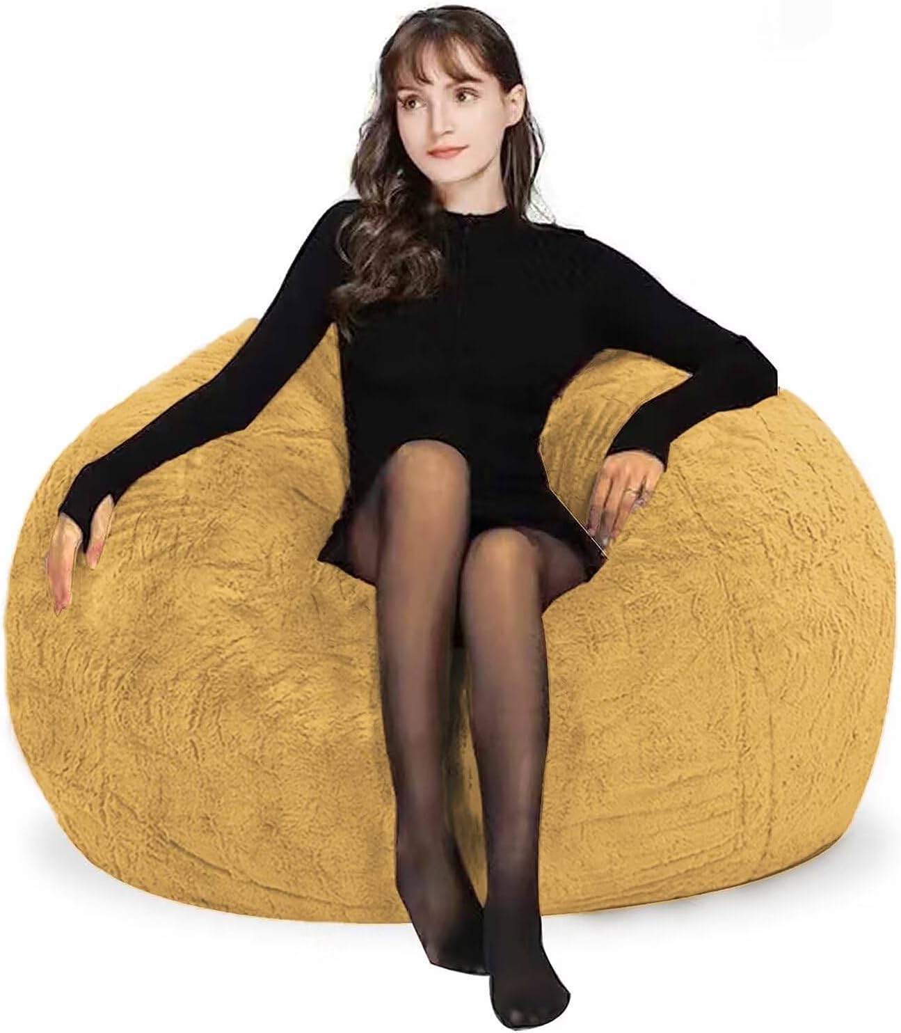 Bean Bag Chair for Adults Kids Without Filling Comfy Fluffy Oversized Round Beanbag Chair Lazy Sofa Cover for Reading Chair Floor Chair, 3.5FT, Yellow