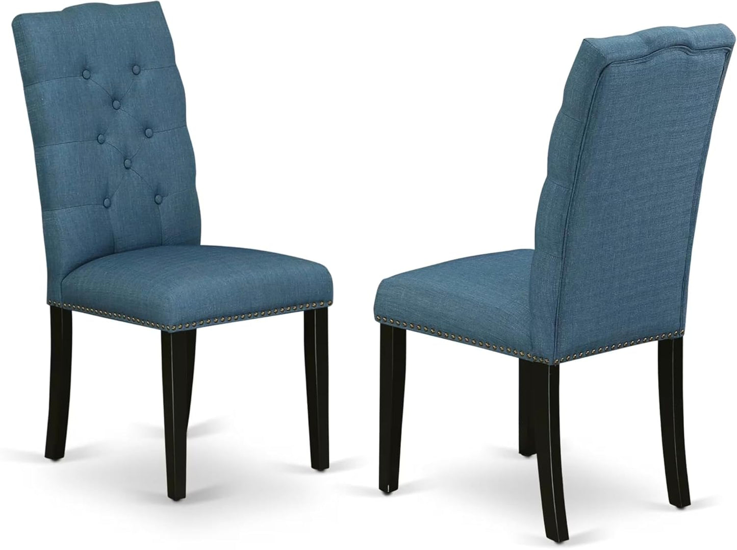 East West Furniture V627EL121-7 7 Piece Modern Dining Table Set Consist of a Rectangle Wooden Table with V-Legs and 6 Blue Linen Fabric Upholstered Chairs, 40x72 Inch, Multi-Color