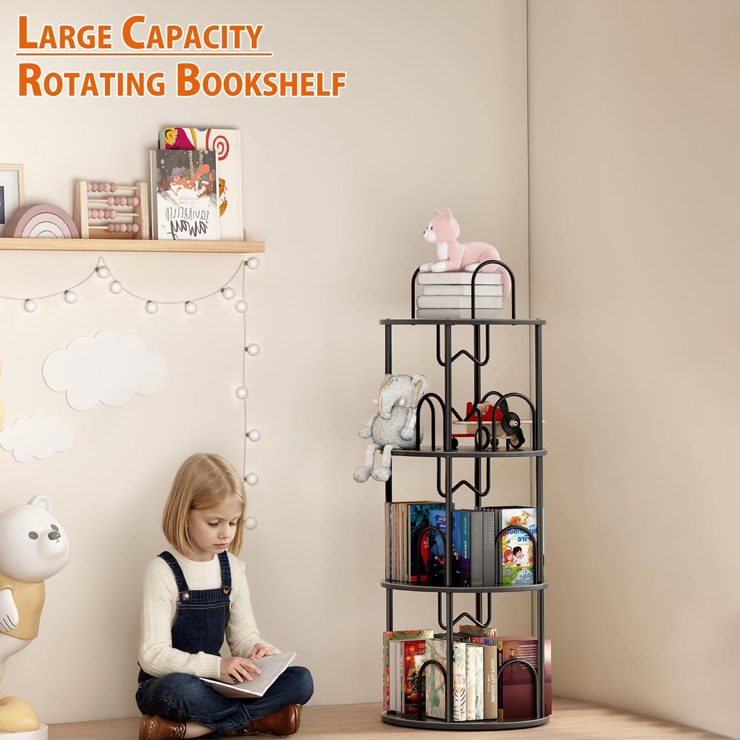 3 Tier Rotating Bookshelf, 360° Spinning Bookshelf Tower, Round Narrow Space Saving for Books and Display, Revolving Bookcase Corner Tall Book Shelf for Small Spaces, Bedroom, Living Room, Black+Black