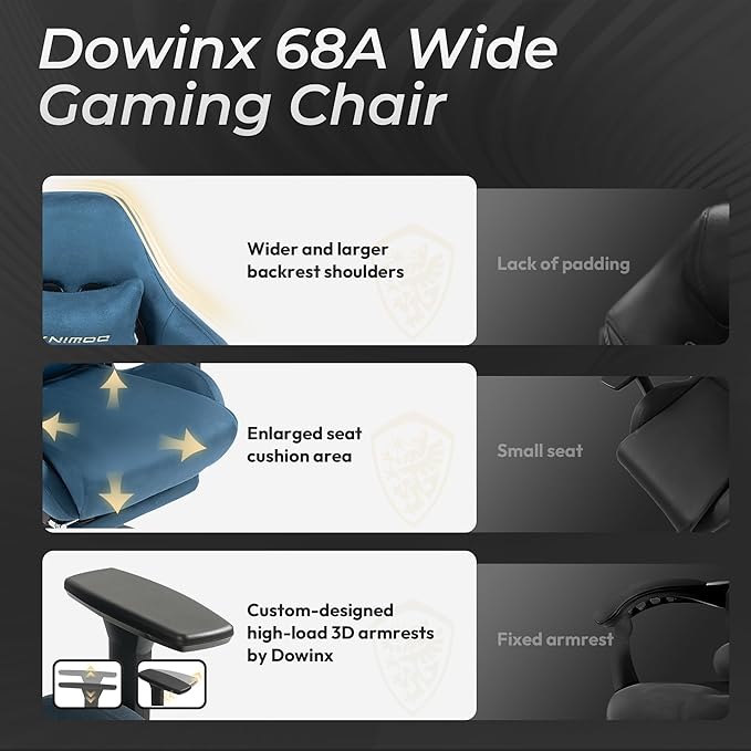 Dowinx Big and Tall Gaming Chair with Suede Fabric Breathable, Game Chairs for Adults with Oversized Thick Seat for 440lbs, Ergonomic Gamer Chair for Streaming & Long Gaming Sessions, Blue