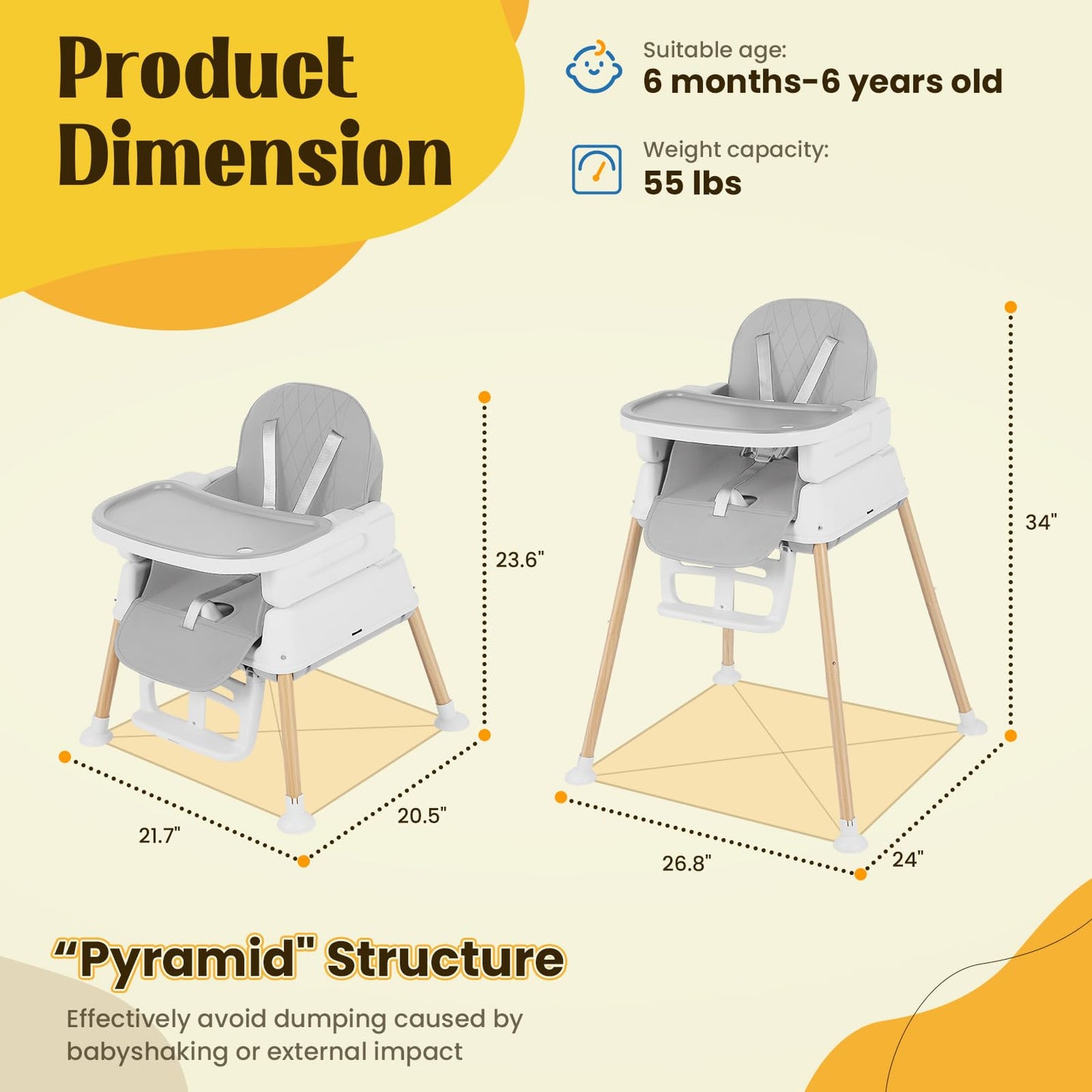 5-in-1 Baby High Chair, Convertible Booster & Play Chair, Portable Foldable Lightweight, Easy to Clean with Tray, for Babies Toddlers 6-36 Months, Gray