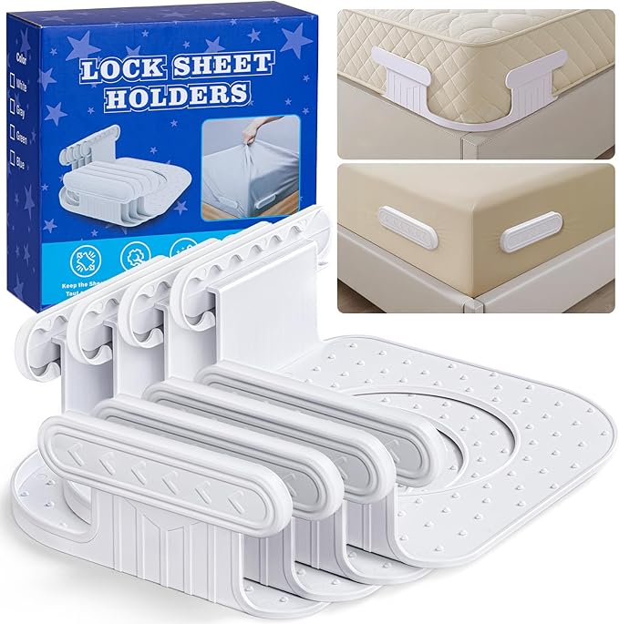 Bed Sheet Holders for Corners: 4Pcs Fitted Sheet Holder with Locks, Sheet Clips Fits Mattress, Upgrade Sheet Holders Keep Sheets Firm & Tight, Heavy Duty Sheet Fasteners- White