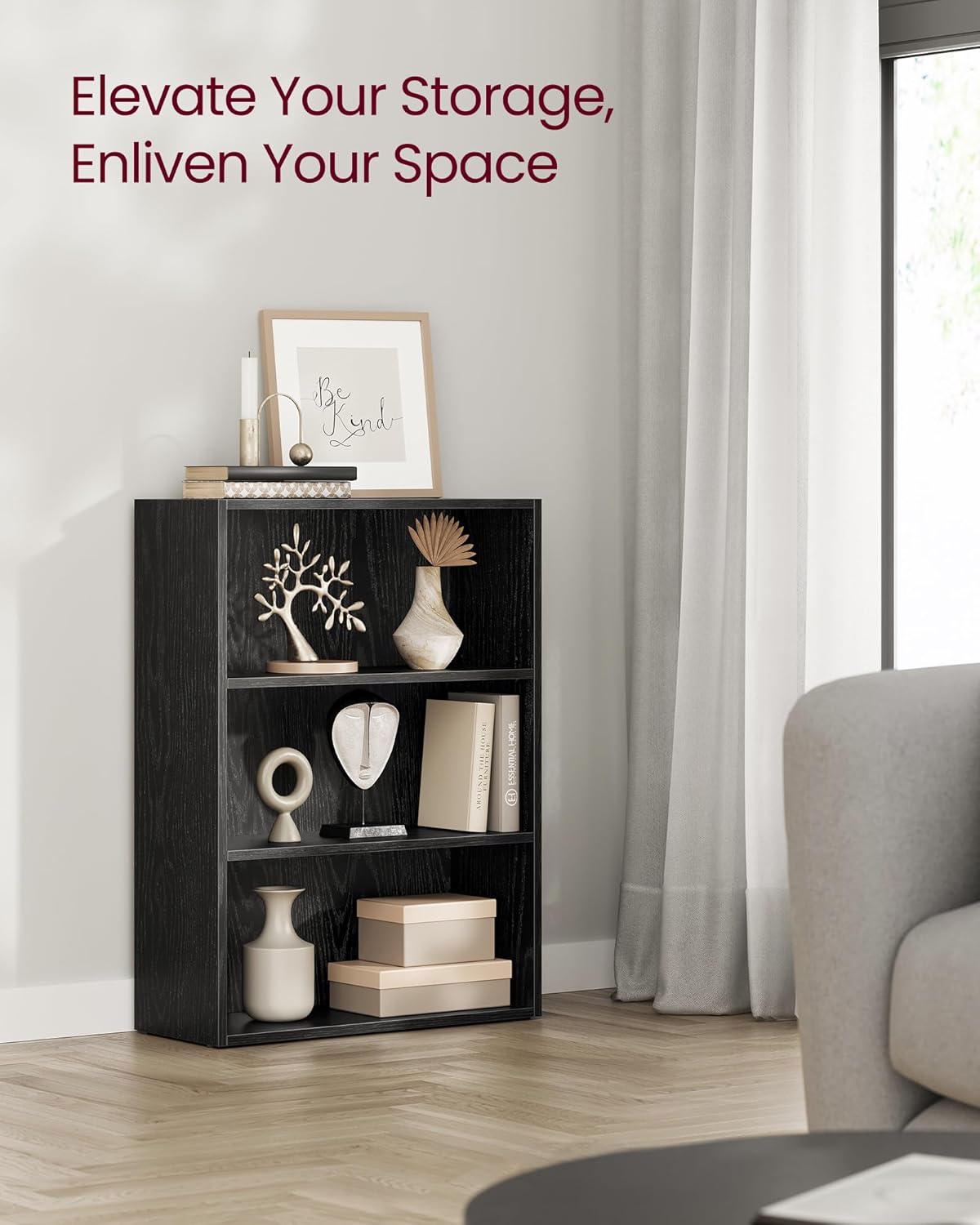 VASAGLE Custos Collection - Bookshelf, 3-Tier Bookcase, Book Shelf, Open Storage Shelf, 9.4 x 23.6 x 32 Inches, for Living Room, Home Office, Dinning Room, Ebony Black ULBC163T56