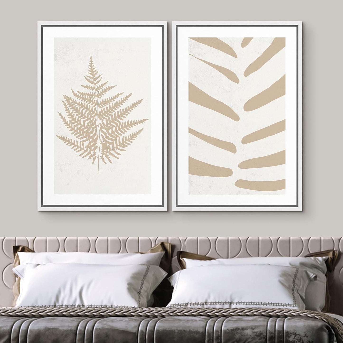 SIGNWIN Framed Canvas Print Wall Art Set Tan White Forest Plant Silhouettes Nature Wilderness Illustrations Modern Art Rustic Closeup Minimal for Living Room, Bedroom, Office - 24"x36"x2 White