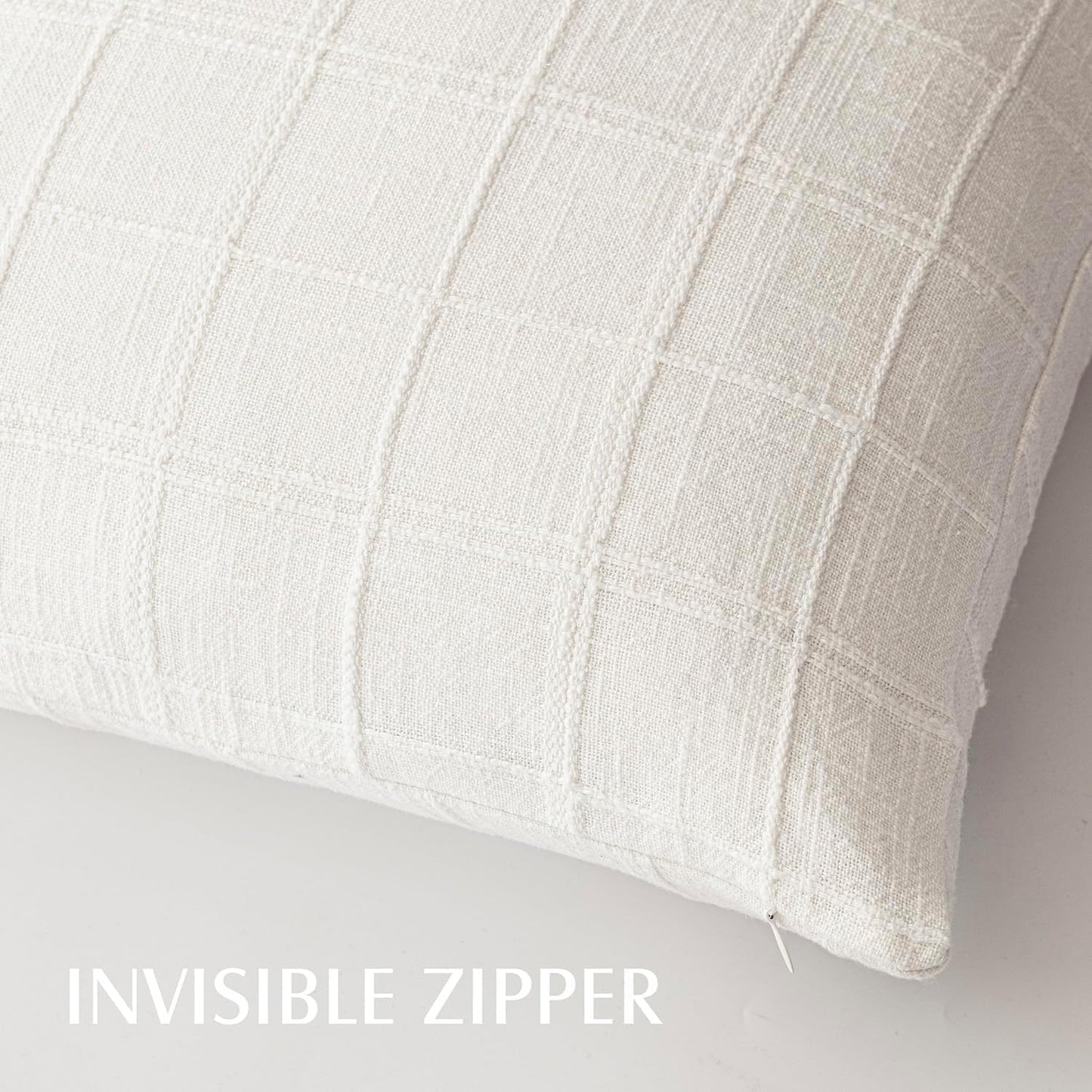 Foindtower Set of 2 Decorative Linen Check Throw Pillow Covers Neutral Farmhouse Vintage Cushion Covers Modern Boho Home Decor for Sofa Chair Couch Bedroom Living Room Outdoor,20×20 Inch,Cream White
