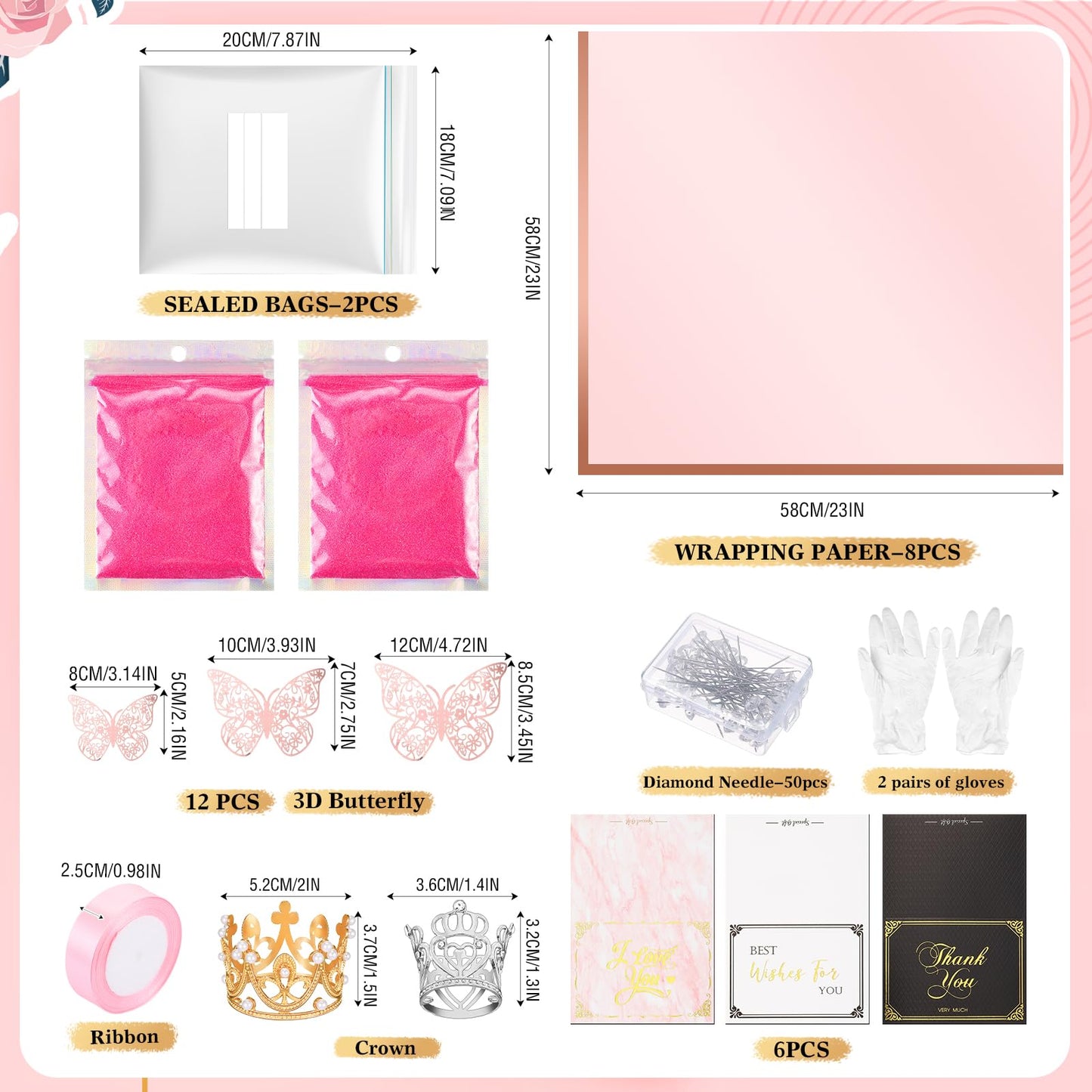 Thiccywoov Valentine Glitter Roses Bouquet (exclude Rose & Glue) DIY Roses with Glitter Powder Flower Wrapping Paper Letter Stickers Bags for Mothers Day Birthday Wedding Graduation Xmas Gifts(Pink)