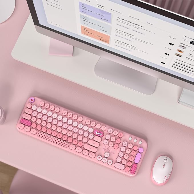 Wireless Keyboard and Mouse, Typewriter Full Size Keyboard with Number Pad and 2 in 1 USB Connected Mouse for Windows 7/8/10, Laptop, Desktop, PC, Computer (Pink Colorful)