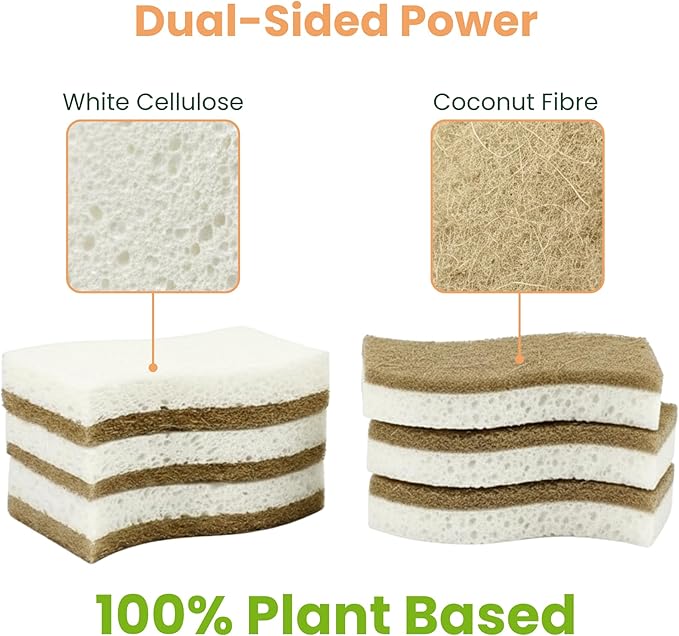 VIREO 12 Pack Eco Sponges – Natural Biodegradable Cellulose & Coconut Fiber Kitchen Scrubbers – Compostable, Odor-Free, Non-Scratch, Zero Waste Sponges for Dishwashing & Cleaning