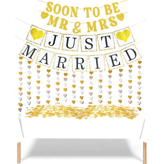 Wedding Banner Just Married Party Decorations Heart Streamers Garland Glitter Paper Diamond Ring Confetti for Bridal Shower Decor Home Party Engagement Party Bride'S Room Photp Prop Decorations